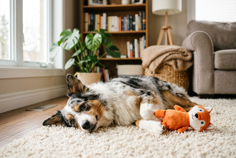 Hund liegt entspannt neben einem Plüschfuchs-Spielzeug