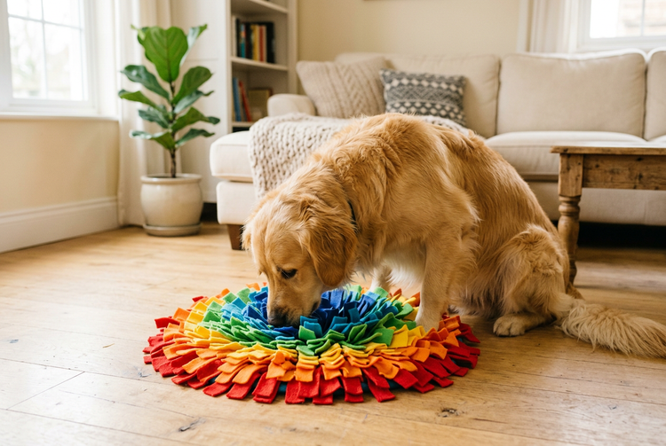 Golden Retriever schnüffelt an einer bunten Schnüffelmatte