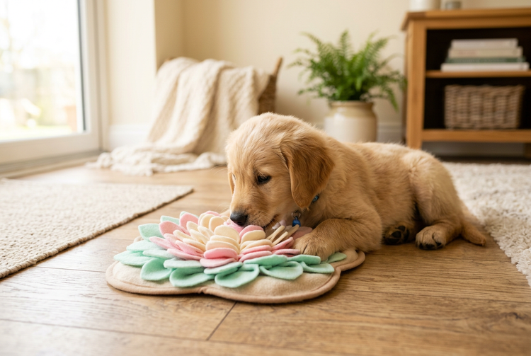 Golden-Retriever-Welpe schnüffelt an einer pastellfarbenen Schnüffelmatte